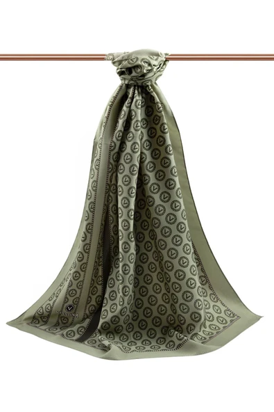 LÜKS MEDİNE İPEĞİ DEGRADELİ MONOGRAM DESENLİ HAKİ RENKLİ 75X195 KIRIŞMAZ ŞAL MOSS KREP DİKİŞ TİPİ İTALYAN DİKİŞLİ - Resim 2