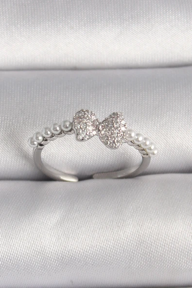 Pirinç Gümüş Renk Zirkon Taşlı Fiyonk İnci Detay Ayarlanabilir Yüzük ürün görseli 1