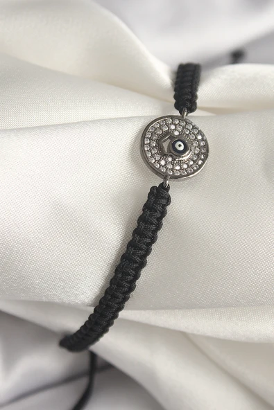 Pirinç Füme Renk Zirkon Taşlı Nazar Boncuk İşleme Makrome Asansörlü Model Kadın Bileklik ürün görseli 1