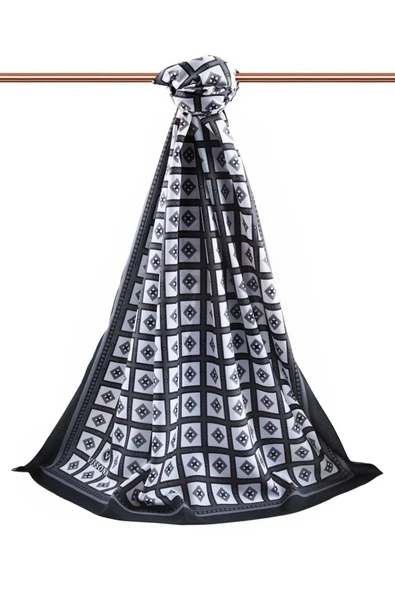 LÜKS MEDİNE İPEĞİ KARE DESENLİ SİYAH - GRİ RENKLİ 75X195 KIRIŞMAZ ŞAL MOSS KREP DİKİŞ TİPİ İTALYAN DİKİŞLİ - Resim 2