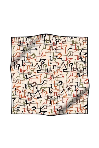 % 57 İPEK % 43 VİSKON Twill İpek Soyut Geometrik Desenli Taba - Haki Renkli 90x90 Eşarp Dikim Şekli : El Dikişi - Resim 2