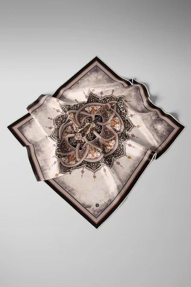 % 57 İPEK % 43 VİSKON Twill İpek Şal Desenli Siyah - Taba Renkli 90x90 Eşarp Dikim Şekli : El Dikişi - Resim 4