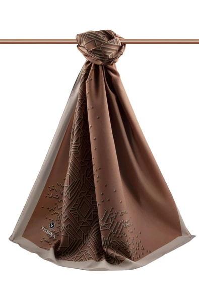 LÜKS MEDİNE İPEĞİ GEOMETRİK DESENLİ TABA - BEJ RENKLİ 75X195 KIRIŞMAZ ŞAL MOSS KREP DİKİŞ TİPİ İTALYAN DİKİŞLİ - Resim 2