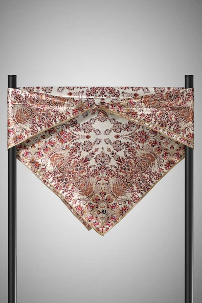 %100 Twill İpek Şal Desenli Krem Renkli 90x90 Eşarp Dikim Şekli : El Dikişi - Resim 3