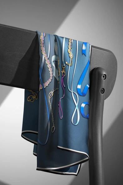 %100 Twill İpek Kurdele Ve Zincir Desenli Petrol Mavisi Renkli 90x90 Eşarp Dikim Şekli : El Dikişi - Resim 4