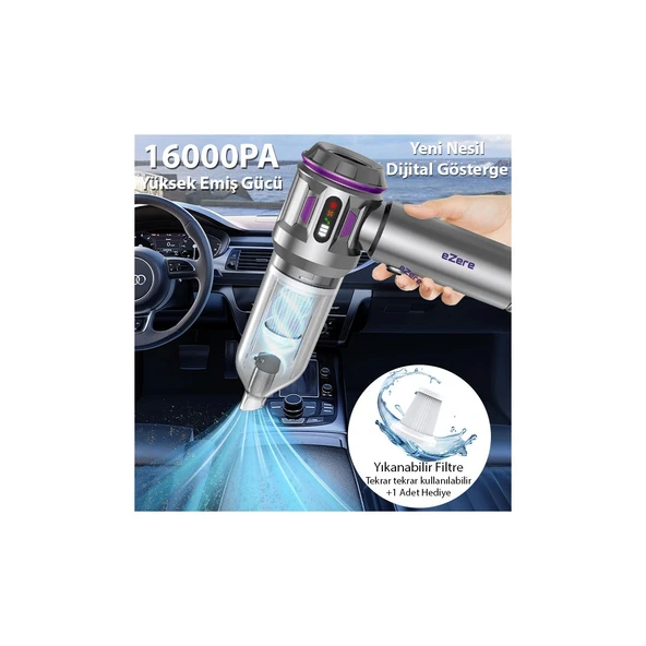 Ezere 16000PA Güçlü Dijital Göstergeli Vakumlu Kablosuz Üflemeli Mini Araç Süpürgesi - Resim 2