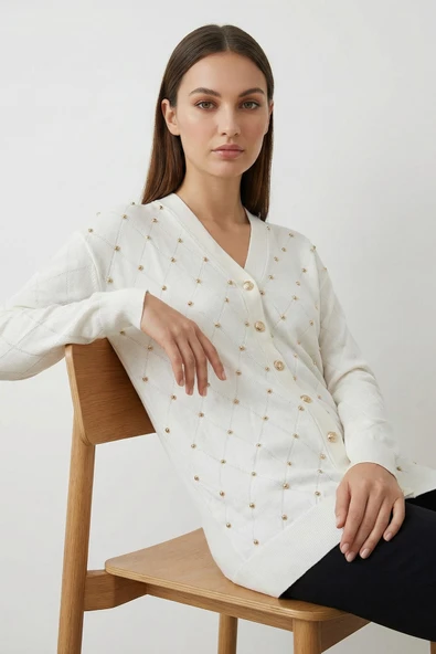 Kadın Merserize Baklava Desen Hırka Ekru ürün görseli