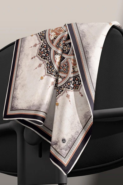 % 57 İPEK % 43 VİSKON Twill İpek Şal Desenli Siyah - Taba Renkli 90x90 Eşarp Dikim Şekli : El Dikişi - Resim 5