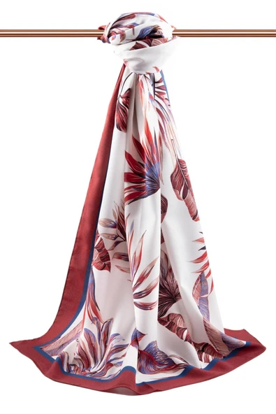 LÜKS MEDİNE İPEĞİ YAPRAK DESENLİ KIRMIZI - İNDİGO RENKLİ 75X195 KIRIŞMAZ ŞAL MOSS KREP DİKİŞ TİPİ İTALYAN DİKİŞLİ - Resim 2