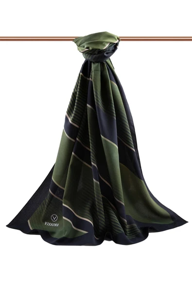 LÜKS MEDİNE İPEĞİ ÇAPRAZ ÇİZGİLİ DESENLİ SİYAH - HAKİ RENKLİ 75X195 KIRIŞMAZ ŞAL MOSS KREP DİKİŞ TİPİ İTALYAN DİKİŞLİ - Resim 2