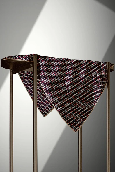 %100 Twill İpek Nokta Desenli Siyah - Bej Renkli 90x90 Eşarp Dikim Şekli : El Dikişi - Resim 5