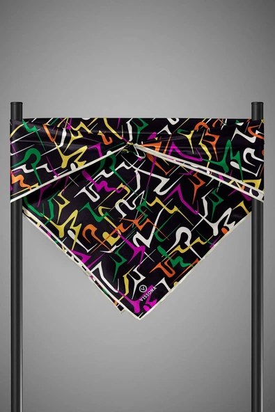 %100 Twill İpek Soyut Geometrik Desenli Fuşya - Sarı Renkli 90x90 Eşarp Dikim Şekli : El Dikişi - Resim 6