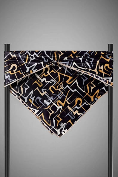 % 57 İPEK % 43 VİSKON Twill İpek Soyut Geometrik Desenli Gold - Gri Renkli 90x90 Eşarp Dikim Şekli : El Dikişi - Resim 6