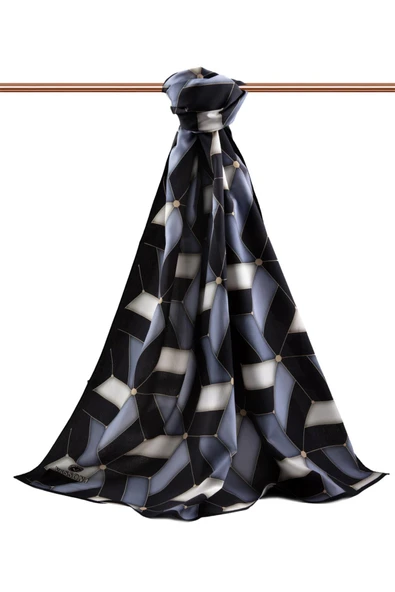 LÜKS MEDİNE İPEĞİ GEOMETRİK DESENLİ İNDİGO RENKLİ 75X195 KIRIŞMAZ ŞAL MOSS KREP DİKİŞ TİPİ İTALYAN DİKİŞLİ - Resim 2