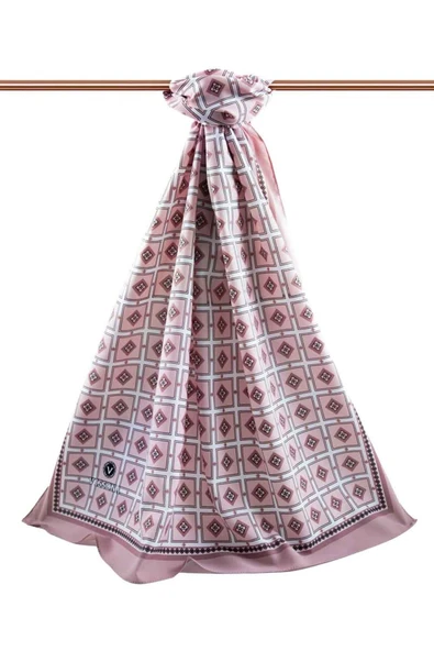 LÜKS MEDİNE İPEĞİ KARE DESENLİ PUDRA RENKLİ 75X195 KIRIŞMAZ ŞAL MOSS KREP DİKİŞ TİPİ İTALYAN DİKİŞLİ - Resim 2