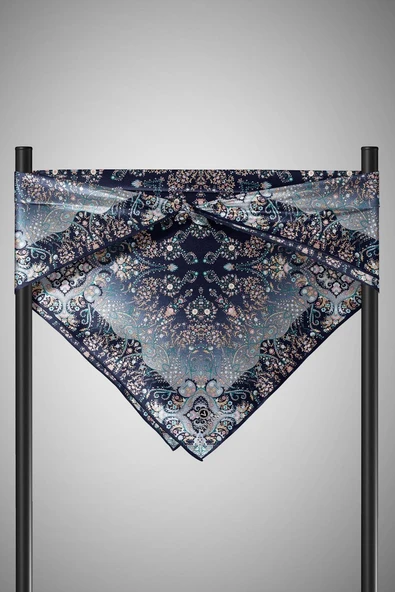 %100 Twill İpek Şal Desenli Lacivert - İndigo Renkli 90x90 Eşarp Dikim Şekli : El Dikişi - Resim 3