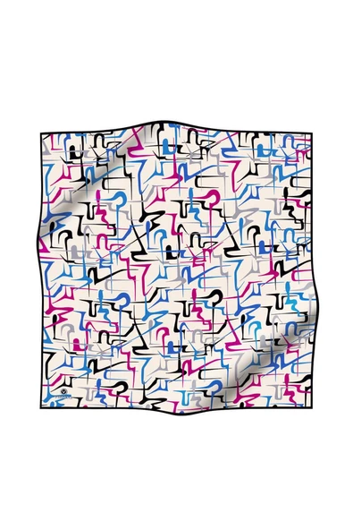 % 57 İPEK % 43 VİSKON Twill İpek Soyut Geometrik Desenli Fuşya - Saks Renkli 90x90 Eşarp Dikim Şekli : El Dikişi - Resim 2