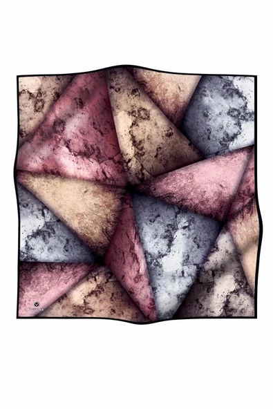 % 57 İPEK % 43 VİSKON Twill İpek Dokulu Ve Geometrik Desenli Pudra - Gri Renkli 90x90 Eşarp Dikim Şekli : El Dikişi - Resim 2