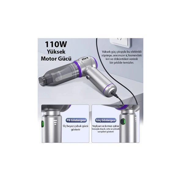 Ezere 17000PA Güçlü Portatif Tasinabilir Vakumlu Kablosuz Üflemeli Mini Araç İçi El Süpürgesi - Resim 5