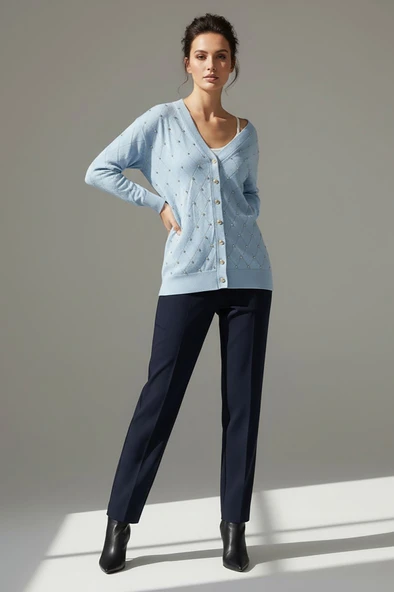 Kadın Merserize Baklava Desen Hırka Mavi - Resim 3