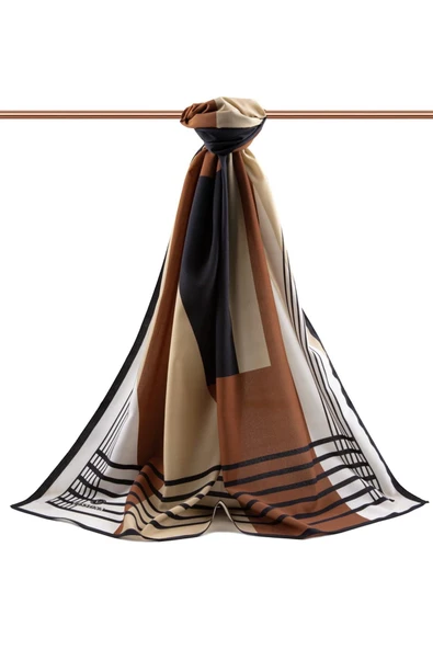 LÜKS MEDİNE İPEĞİ GEOMETRİK DESENLİ BAKIR RENKLİ 75X195 KIRIŞMAZ ŞAL MOSS KREP DİKİŞ TİPİ İTALYAN DİKİŞLİ - Resim 2