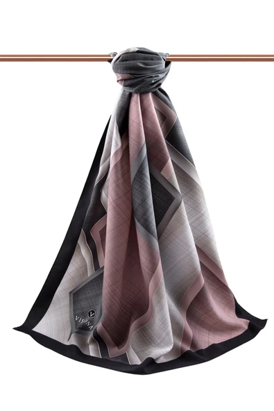 LÜKS MEDİNE İPEĞİ DOKULU KARO DESENLİ GRİ - PUDRA RENKLİ 75X195 KIRIŞMAZ ŞAL MOSS KREP DİKİŞ TİPİ İTALYAN DİKİŞLİ - Resim 2