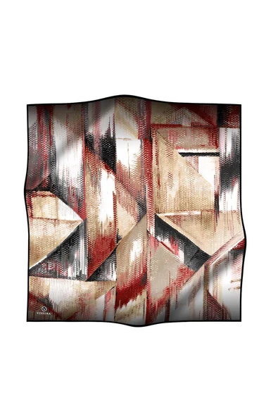 %100 Twill İpek Efektli ve Geometrik Desenli Bej - Kırmızı Renkli 90x90 Eşarp Dikim Şekli : El Dikişi - Resim 2