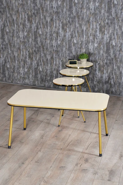 Zigon Sehpa Ve Orta Sehpa Kr Set Çift Gold Krem Metal - Resim 5