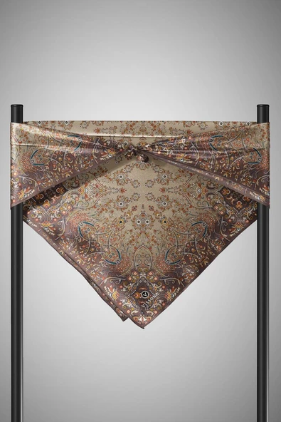 %100 Twill İpek Şal Desenli Kahverengi Renkli 90x90 Eşarp Dikim Şekli : El Dikişi - Resim 2