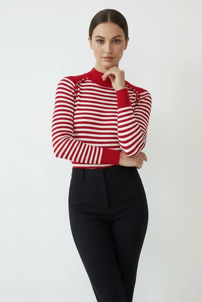 Kadın Omuz Taşlı Çizgili Triko Bluz Kırmızı ürün görseli 1