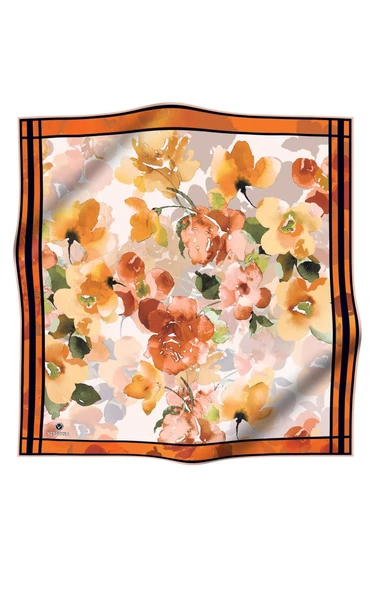 %100 Twill İpek Sulu Boyalı Çiçek Desenli Turuncu - Gold Renkli 90x90 Eşarp Dikim Şekli : El Dikişi - Resim 2