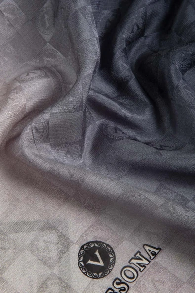 Vissona %57 İPEK %43 PAMUK Degrade Desenli Krem - Lacivert Renkli Şal -  70x190 Dikiş Tipi İtalyan Dikişli - Resim 3