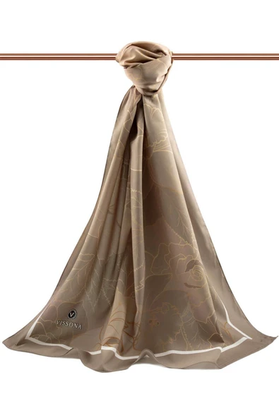 LÜKS MEDİNE İPEĞİ ÇİÇEK DESENLİ VİZON RENKLİ 75X195 KIRIŞMAZ ŞAL MOSS KREP DİKİŞ TİPİ İTALYAN DİKİŞLİ - Resim 2