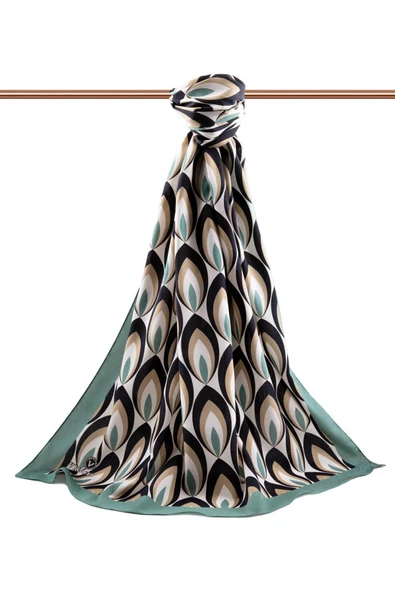 LÜKS MEDİNE İPEĞİ GEOMETRİK DESENLİ MİNT YEŞİLİ RENKLİ 75X195 KIRIŞMAZ ŞAL MOSS KREP DİKİŞ TİPİ İTALYAN DİKİŞLİ - Resim 2