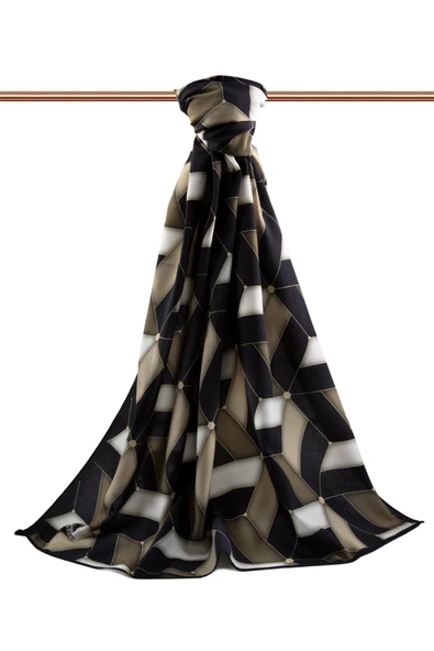 LÜKS MEDİNE İPEĞİ GEOMETRİK DESENLİ BEJ RENKLİ 75X195 KIRIŞMAZ ŞAL MOSS KREP DİKİŞ TİPİ İTALYAN DİKİŞLİ - Resim 2