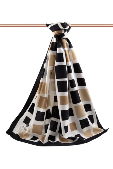 LÜKS MEDİNE İPEĞİ KARE DESENLİ BEJ RENKLİ 75X195 KIRIŞMAZ ŞAL MOSS KREP DİKİŞ TİPİ İTALYAN DİKİŞLİ - Resim 2