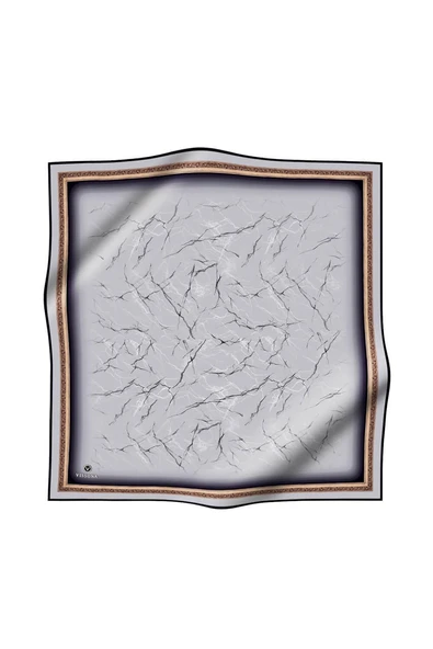 % 57 İPEK % 43 VİSKON Twill İpek Mermer Desenli Gümüş Renkli 90x90 Eşarp Dikim Şekli : El Dikişi - Resim 2