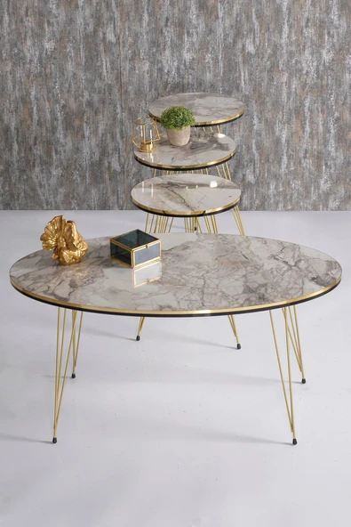 Zigon Sehpa ve Orta Sehpa Elips Set Çift Gold Efes Tel ürün görseli 1