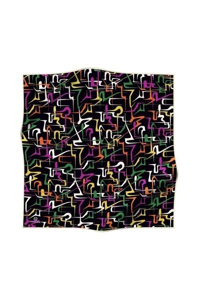 %100 Twill İpek Soyut Geometrik Desenli Fuşya - Sarı Renkli 90x90 Eşarp Dikim Şekli : El Dikişi - Resim 2