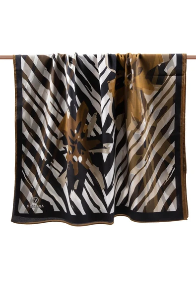 LÜKS MEDİNE İPEĞİ ZEBRA VE ÇİÇEK DESENLİ HARDAL RENKLİ 75X195 KIRIŞMAZ ŞAL MOSS KREP DİKİŞ TİPİ İTALYAN DİKİŞLİ - Resim 2