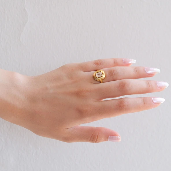 Altın Kaplama Zirkon Taşlı Baget Yüzük YZK-454 - Resim 2