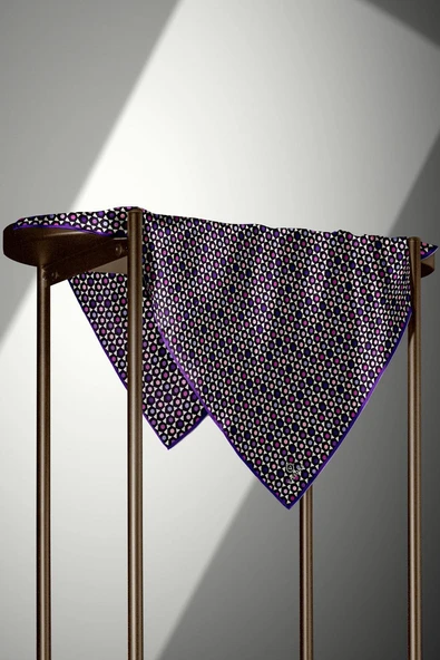 %100 Twill İpek Nokta Desenli Siyah - Mor Renkli 90x90 Eşarp Dikim Şekli : El Dikişi - Resim 5