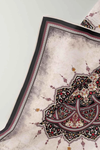 % 57 İPEK % 43 VİSKON Twill İpek Şal Desenli Siyah - Bordo Renkli 90x90 Eşarp Dikim Şekli : El Dikişi - Resim 4