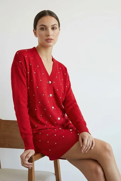 Kadın Merserize Baklava Desen Hırka Kırmızı ürün görseli