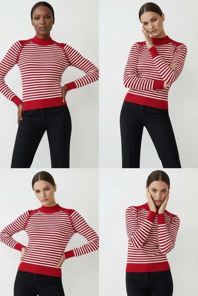 Kadın Omuz Taşlı Çizgili Triko Bluz Kırmızı - Resim 3