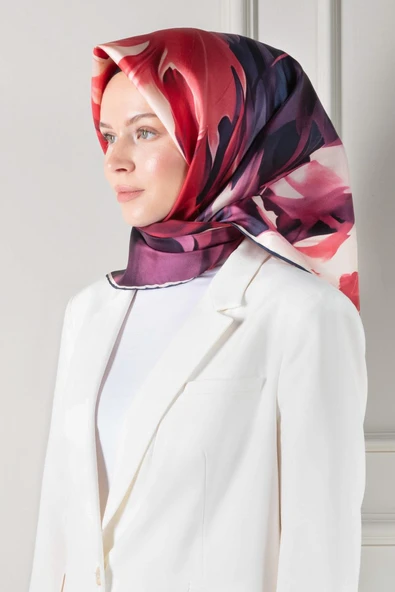 %100 Twill İpek Yaprak Desenli Bordo - İndigo Renkli 90x90 Eşarp Dikim Şekli : El Dikişi ürün görseli