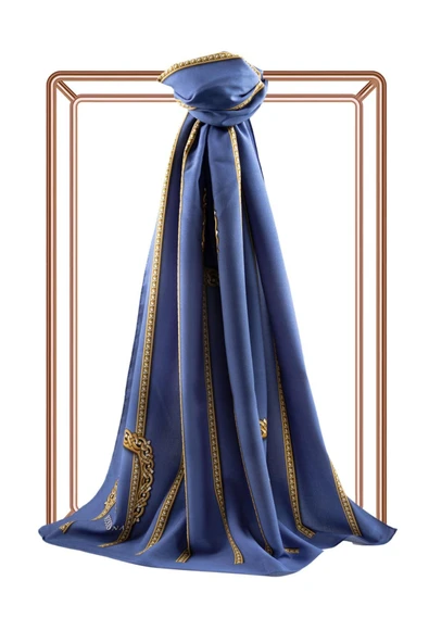 LÜKS MEDİNE İPEĞİ ZİNCİR DESENLİ İNDİGO RENKLİ 75X195 KIRIŞMAZ ŞAL MOSS KREP DİKİŞ TİPİ İTALYAN DİKİŞLİ - Resim 2