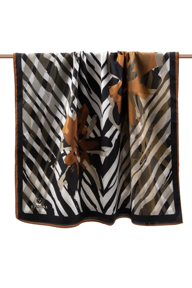 LÜKS MEDİNE İPEĞİ ZEBRA VE ÇİÇEK DESENLİ TABA RENKLİ 75X195 KIRIŞMAZ ŞAL MOSS KREP DİKİŞ TİPİ İTALYAN DİKİŞLİ - Resim 2