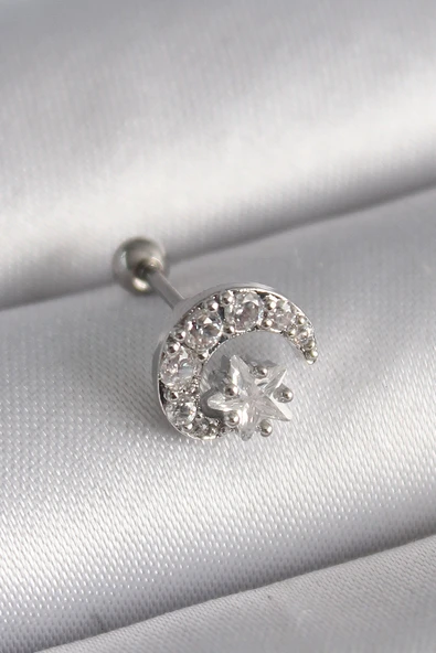 316L Çelik Gümüş Renk Zirkon Taşlı Ay Yıldız Tragus Piercing ürün görseli 1