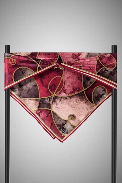 % 57 İPEK % 43 VİSKON Twill İpek Zincirli Mermer Desenli Bordo - Vizon Renkli 90x90 Eşarp Dikim Şekli : El Dikişi - Resim 5